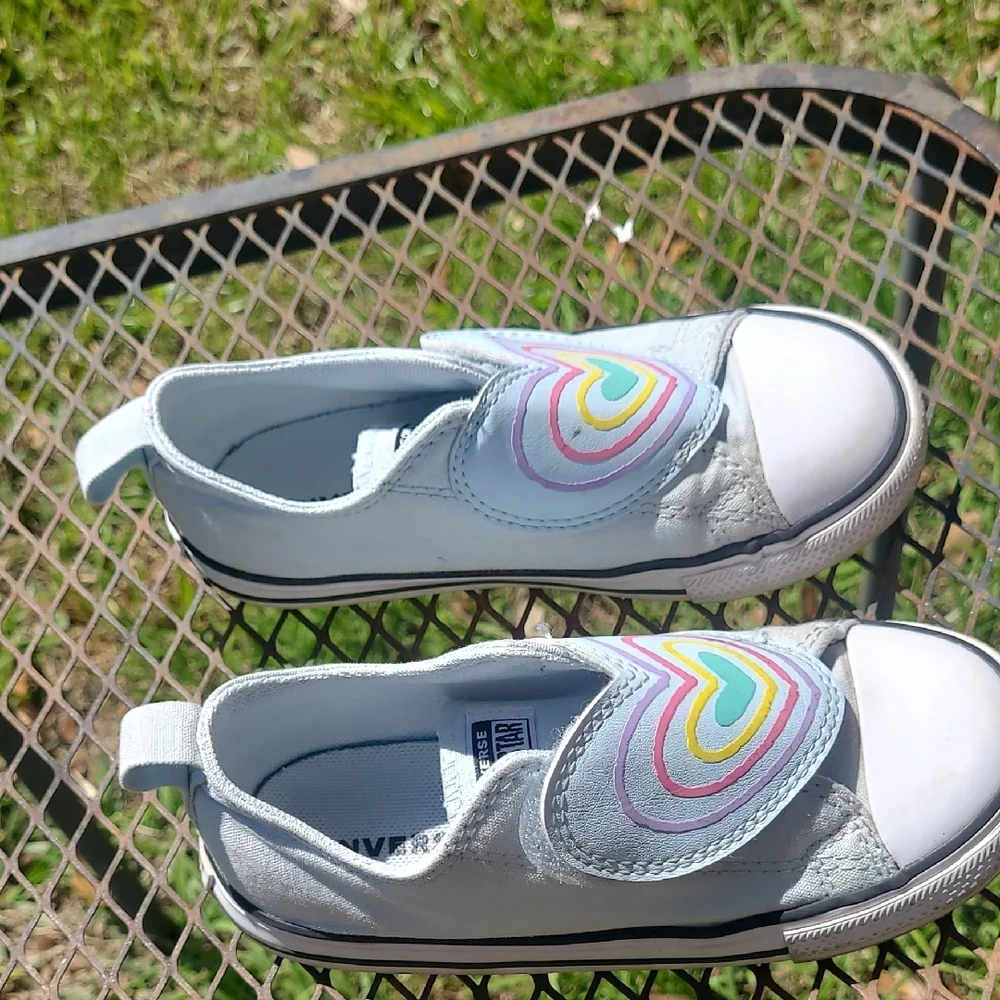 Converse Kids Light Blue Slip-On Sneakers with Rainbow Heart